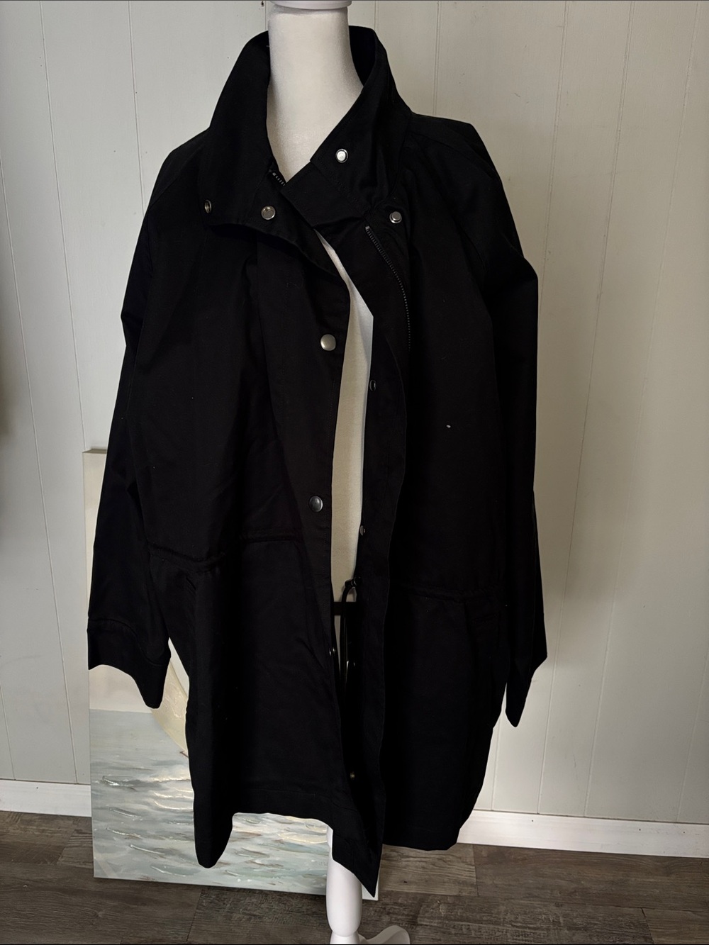 a new day Black Snap-Front Trench with Drawstring Waist